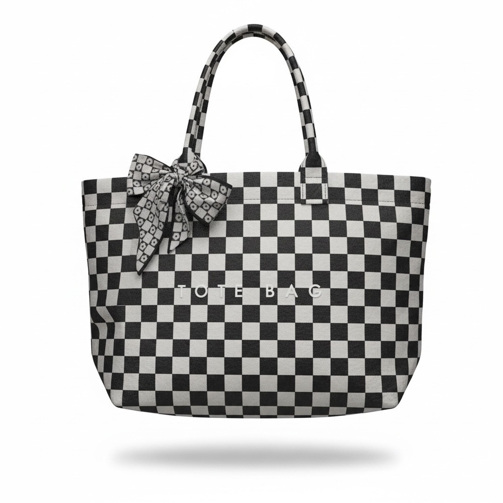 Elegant Checkered Tote Bag - Black and White